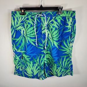 Chaps Mens Swim Trunks Board Shorts Blu Green Tropical Leaves Large